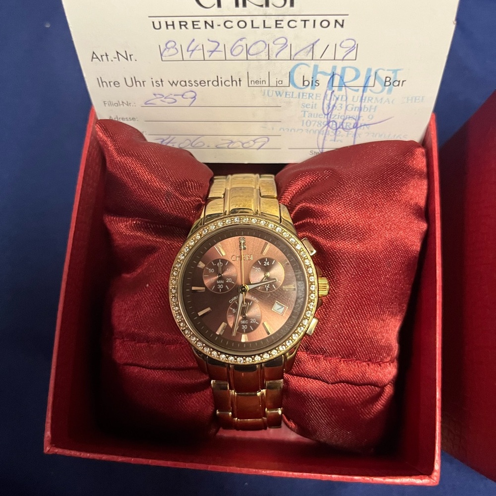 Gold Watch with Brown Dial and Crystal Bezel